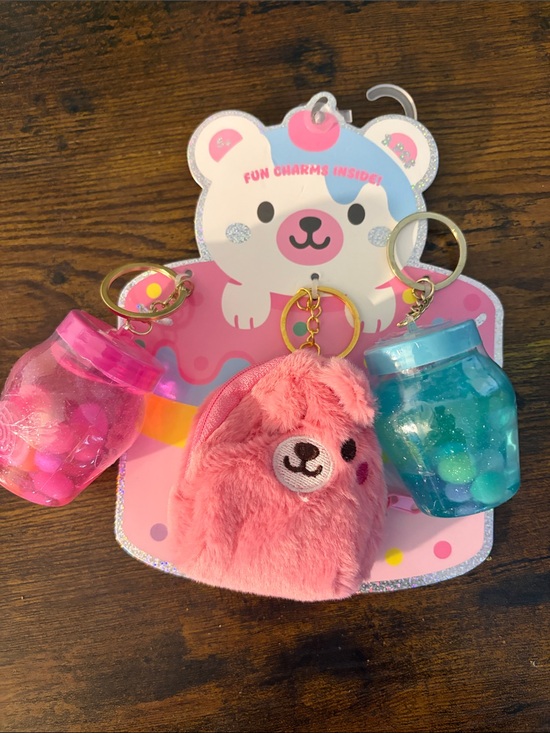 Other - Cute Pink Plush Bear Keychain slime toy with Blue & Pink Charms - Kids Toys